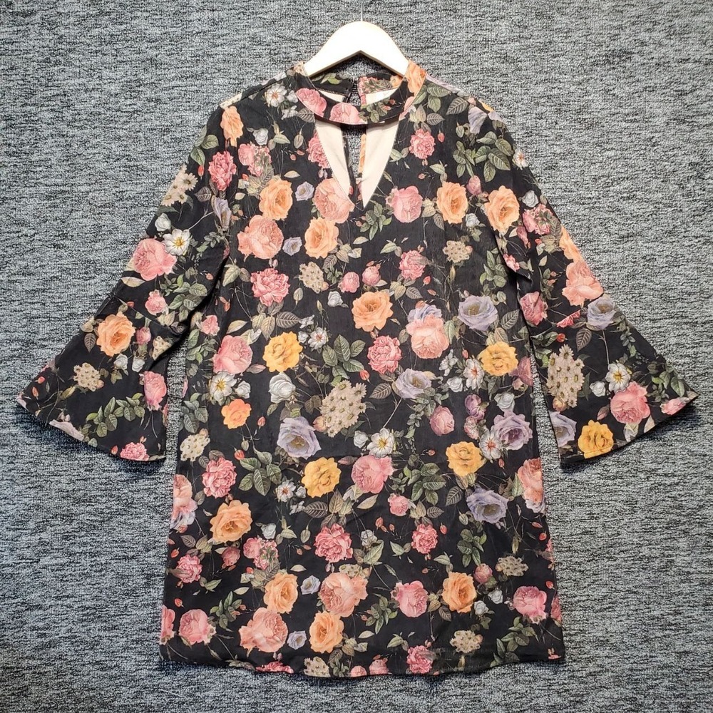Mittoshop Dress Womens Large Black Floral Choker Cutout Mock Neck‎ Bell Sleeve